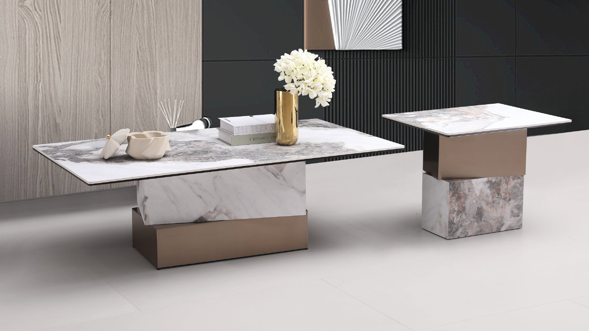 Contemporary marble coffee table styled in a modern living room for Mode'a.