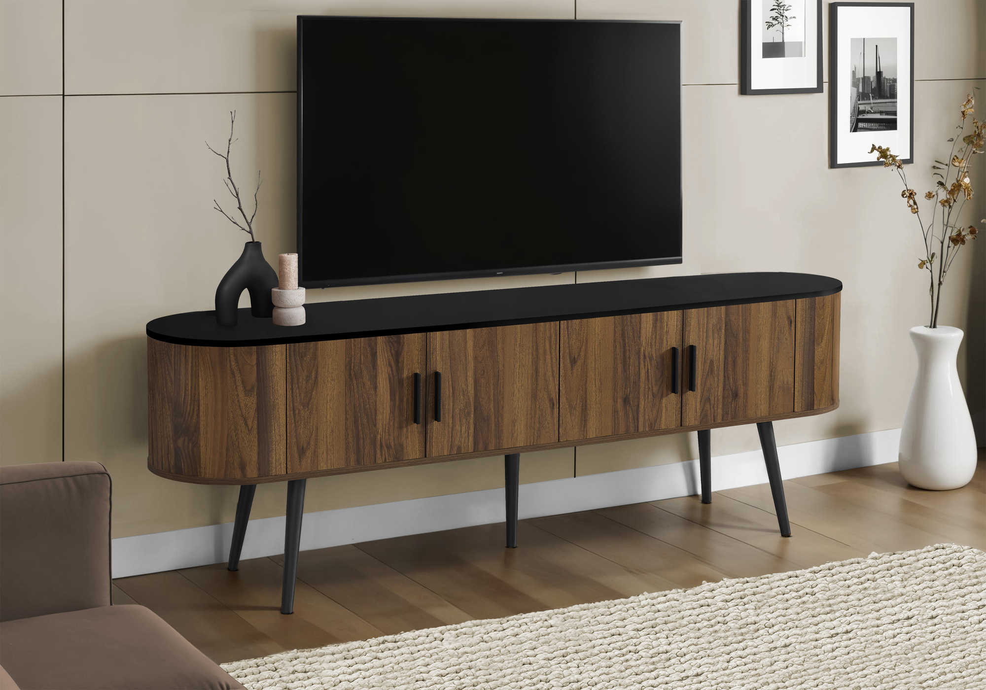 Modern wooden TV stand in a contemporary living room.