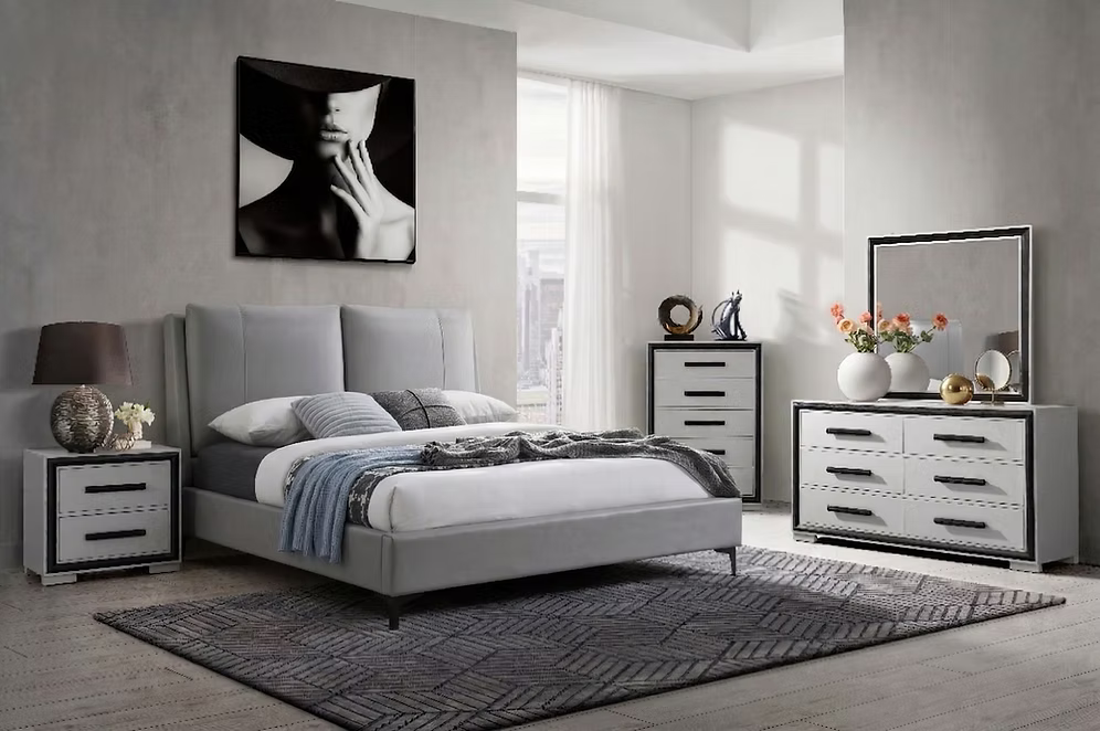 Complete modern bedroom furniture set with a matching bed frame and nightstands.
