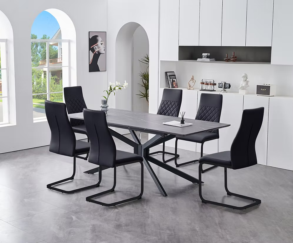 Complete wooden dining room set with a large table and matching chairs in a bright dining area.