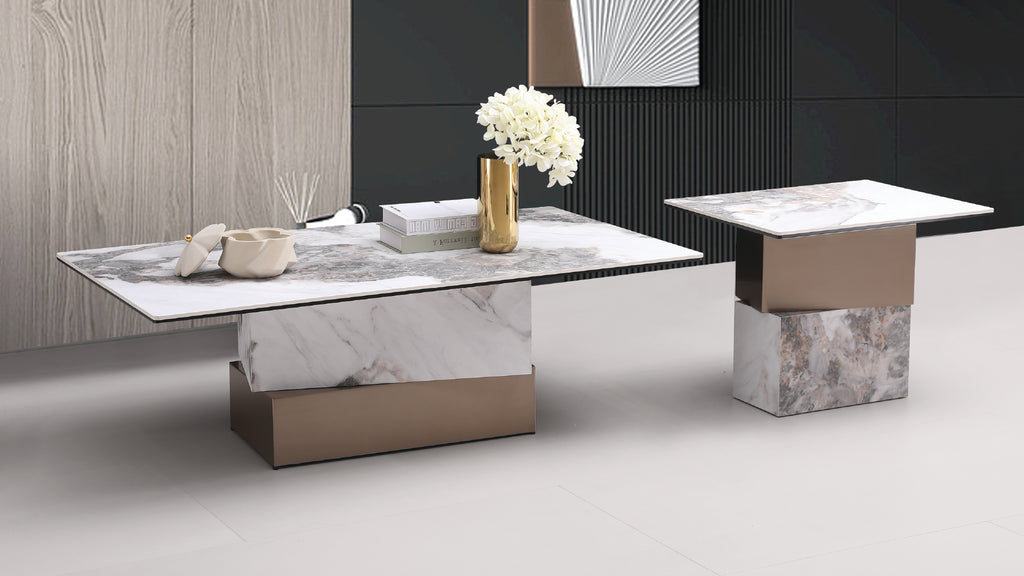 Norello modern marble top coffee table and matching end table with geometric metal bases by Mode'a