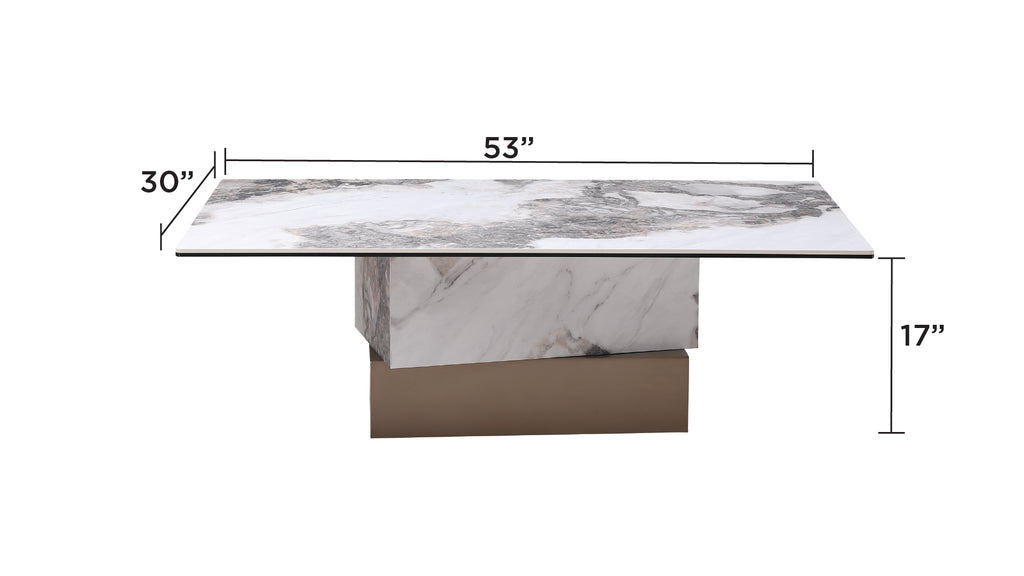 Norello modern marble top coffee table and matching end table with geometric metal bases by Mode'a