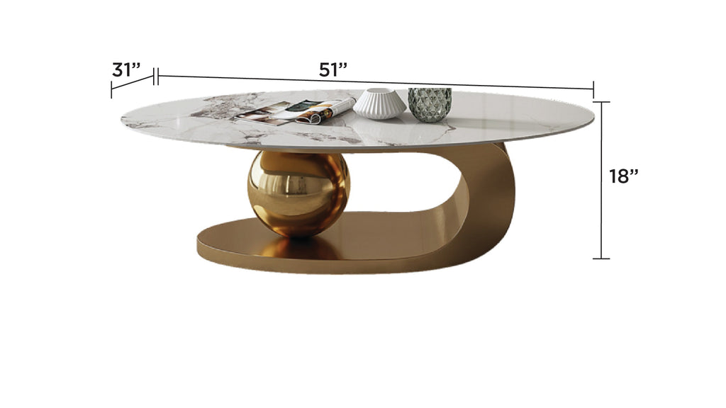 Calvero furniture set featuring a white marble-patterned ceramic coffee table and matching end table with sculptural golden bases.