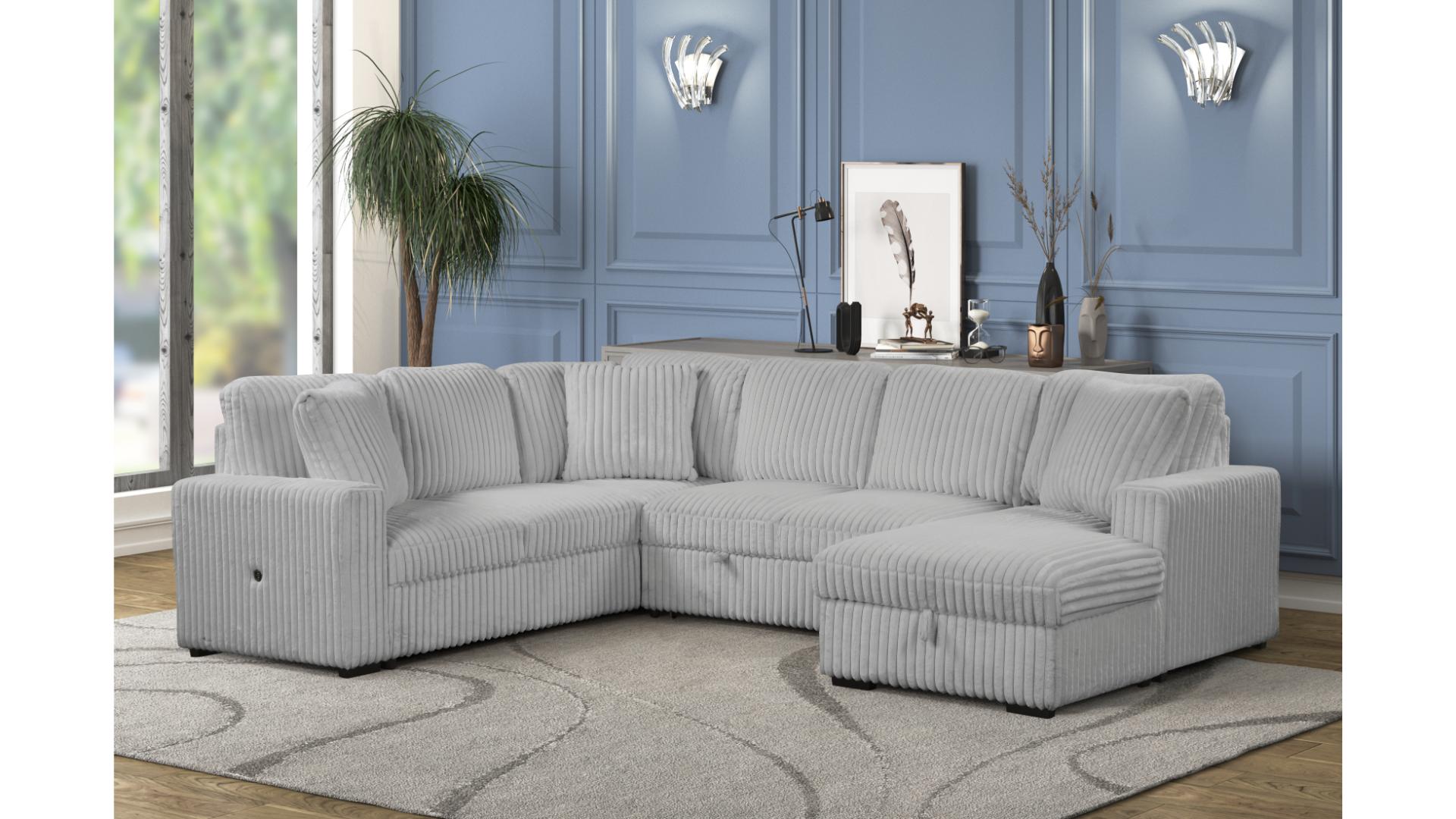 Kavros contemporary L-shaped sectional sofa in light grey textured wide-ribbed corduroy fabric featuring a low-profile silhouette and plush cushioning