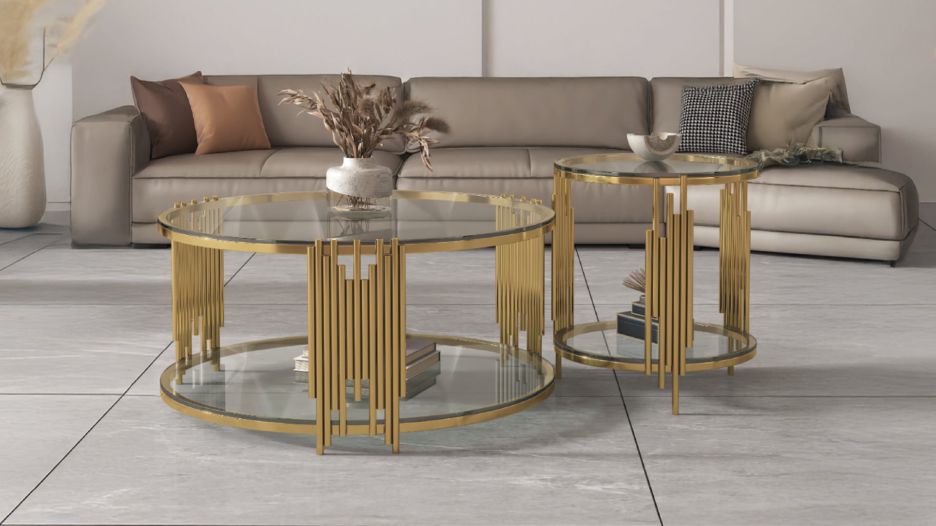 Lunexa two-piece coffee and end table set featuring circular gold metal frames with vertical rod detailing and clear glass tops.