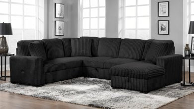 Kavros contemporary L-shaped sectional sofa in light grey textured wide-ribbed corduroy fabric featuring a low-profile silhouette and plush cushioning
