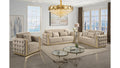 Morvix luxury living room furniture set featuring a contemporary tufted sofa, loveseat, and armchair in a soft neutral-toned fabric with sleek gold frame accents