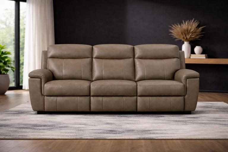 Elowen luxury 3-seater reclining sofa in a warm brown leather performance fabric featuring plush segmented high-back cushioning