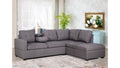Trevino modern L-shaped sectional sofa in neutral grey fabric featuring a drop-down console with built-in cup holders and a spacious lounging chaise