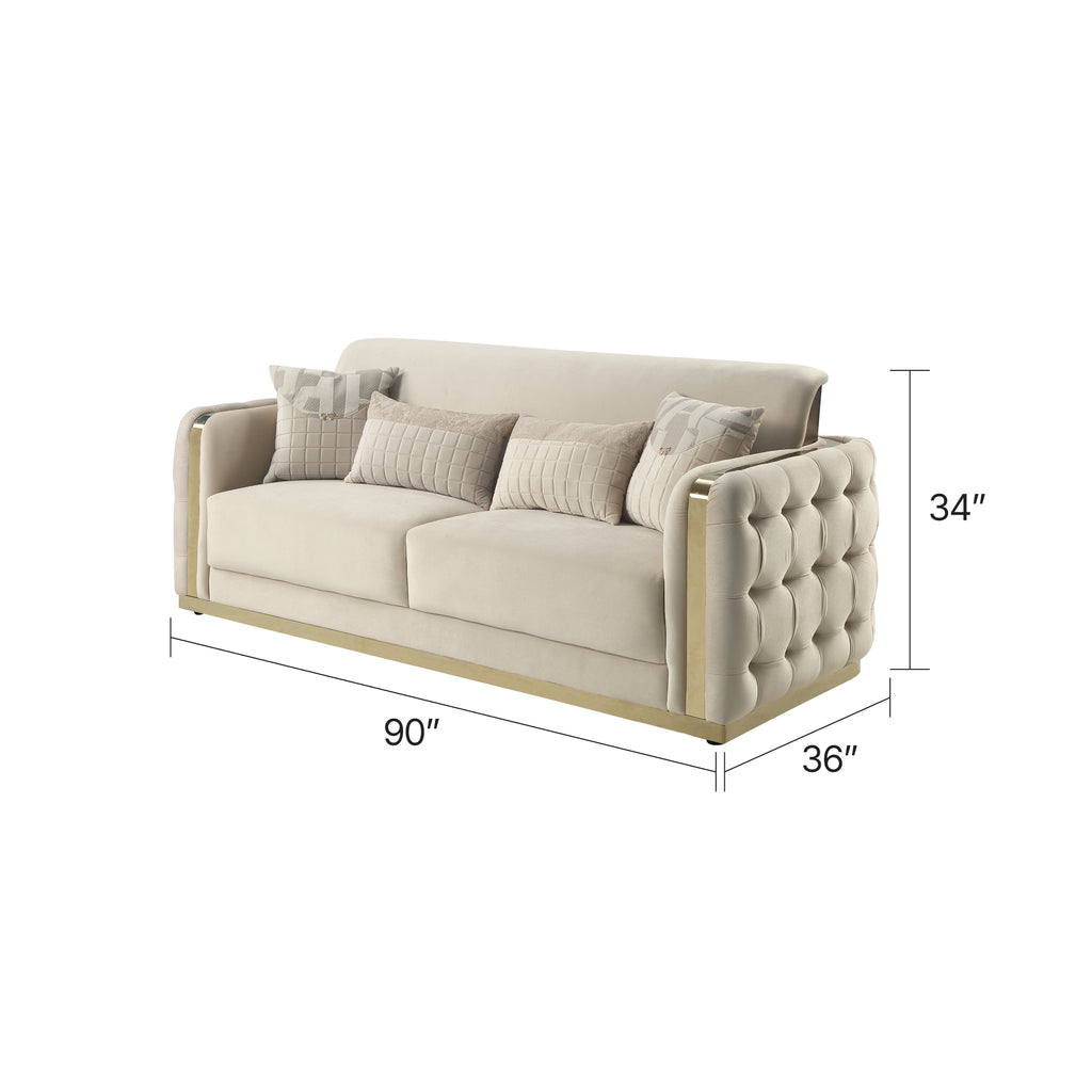 Morvix luxury living room furniture set featuring a contemporary tufted sofa, loveseat, and armchair in a soft neutral-toned fabric with sleek gold frame accents