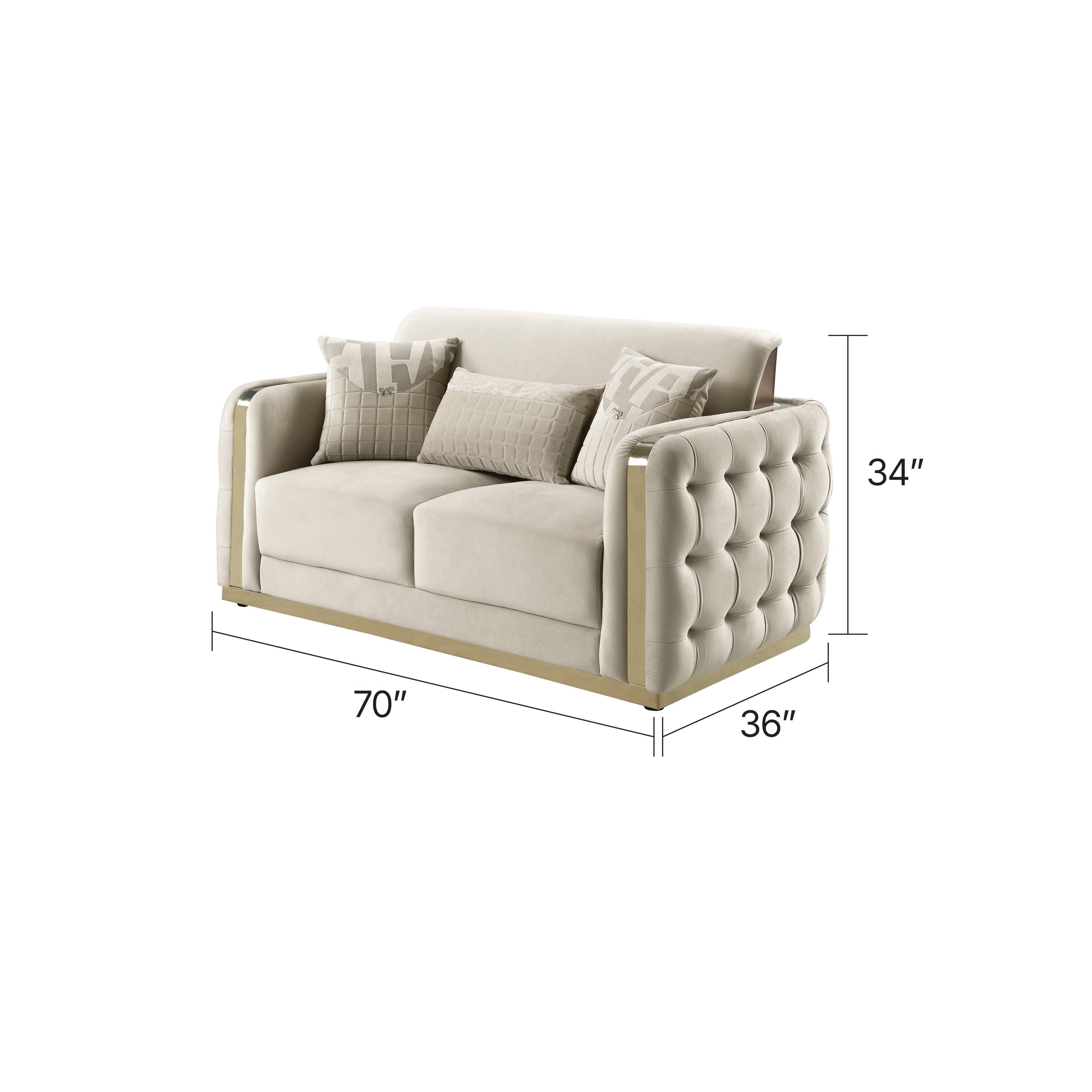 Morvix luxury living room furniture set featuring a contemporary tufted sofa, loveseat, and armchair in a soft neutral-toned fabric with sleek gold frame accents