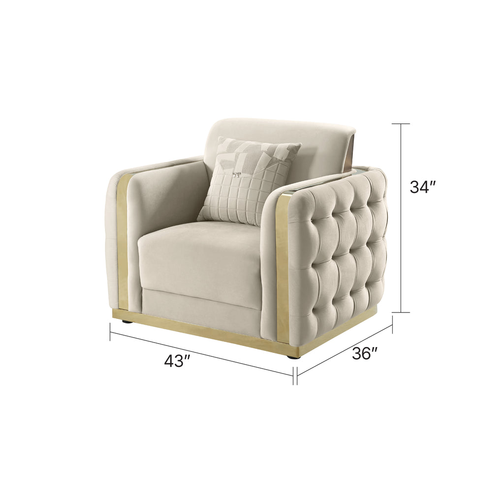 Morvix luxury living room furniture set featuring a contemporary tufted sofa, loveseat, and armchair in a soft neutral-toned fabric with sleek gold frame accents