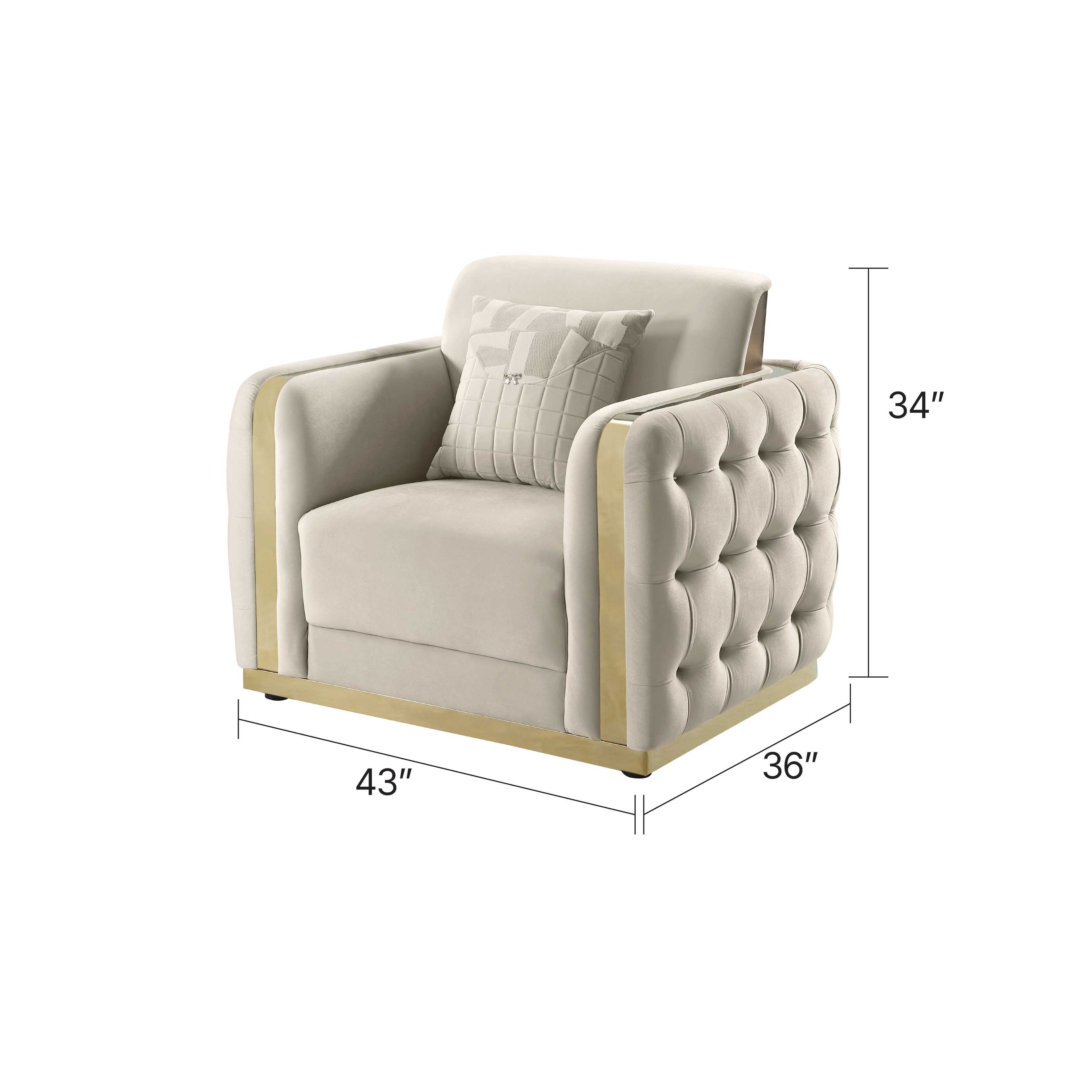 Morvix luxury living room furniture set featuring a contemporary tufted sofa, loveseat, and armchair in a soft neutral-toned fabric with sleek gold frame accents