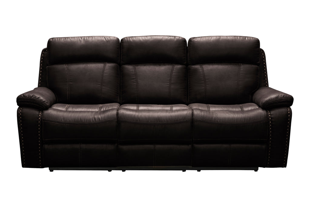 Braxen luxury 3-seater reclining sofa in dark espresso brown leather featuring deep segmented high-back comfort cushioning