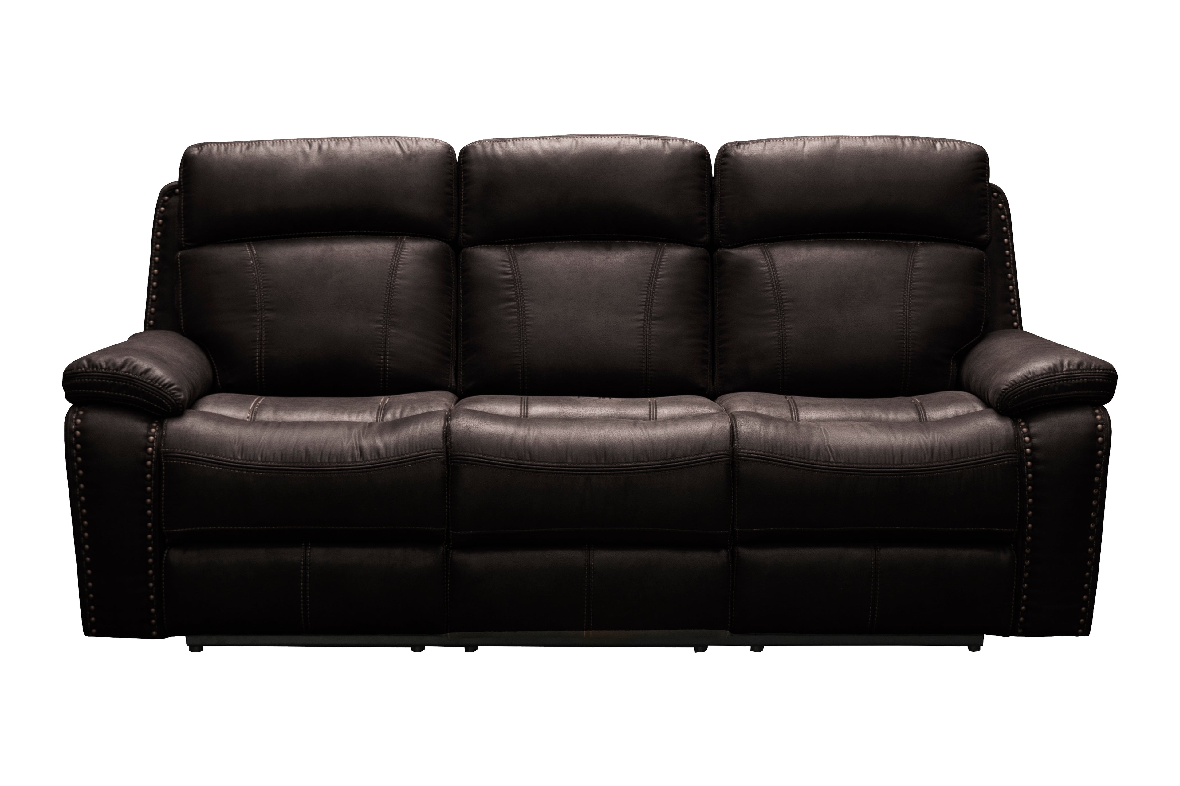 Braxen luxury 3-seater reclining sofa in dark espresso brown leather featuring deep segmented high-back comfort cushioning