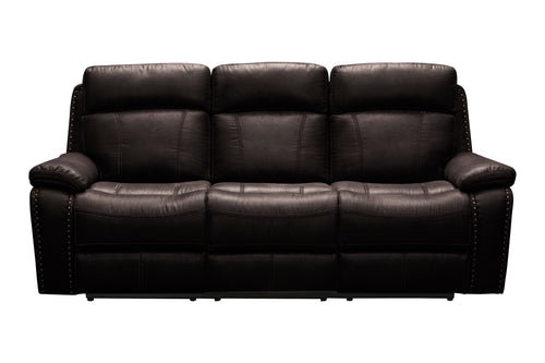 Braxen luxury 3-seater reclining sofa in dark espresso brown leather featuring deep segmented high-back comfort cushioning