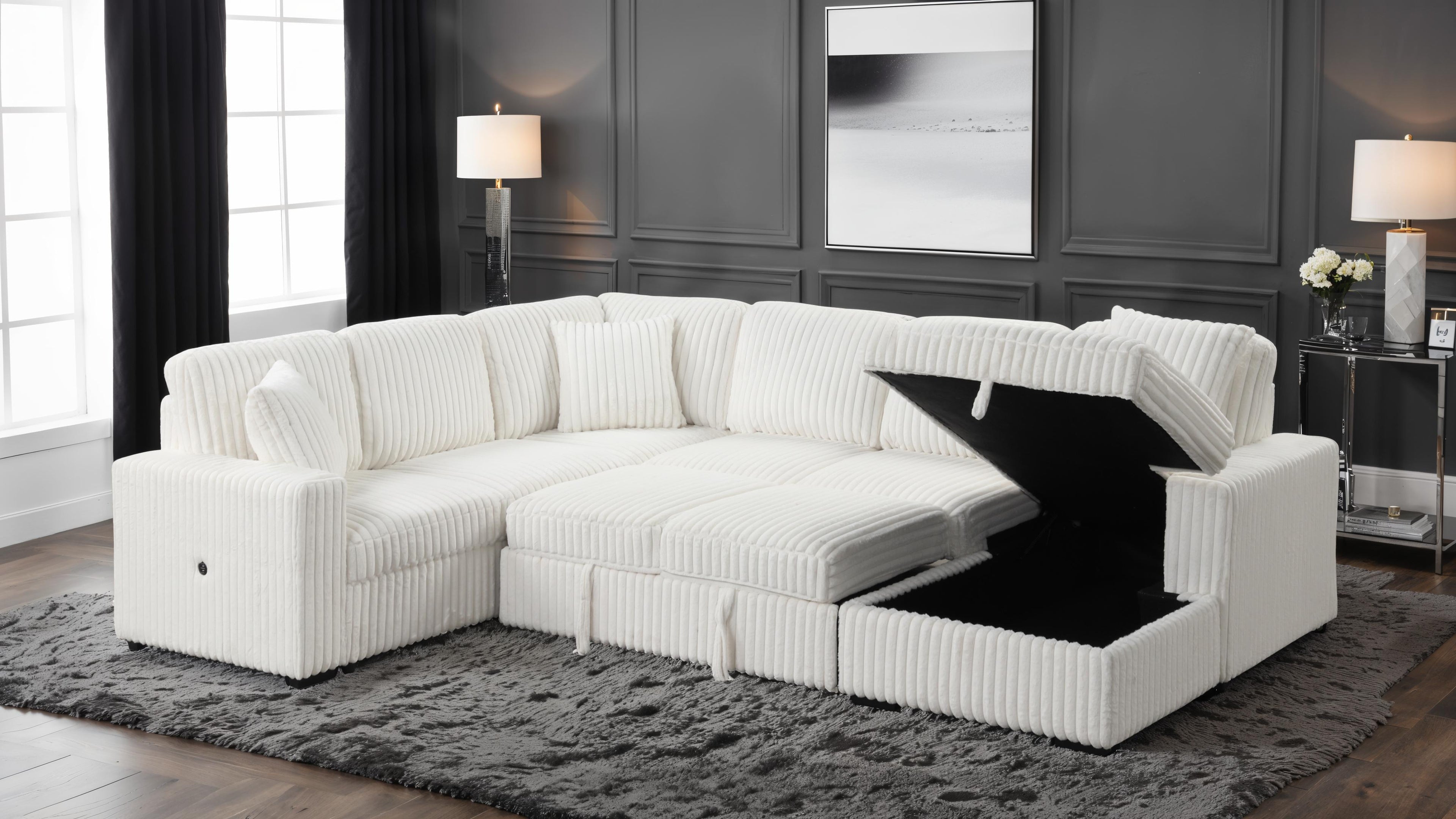 Kavros contemporary L-shaped sectional sofa in light grey textured wide-ribbed corduroy fabric featuring a low-profile silhouette and plush cushioning