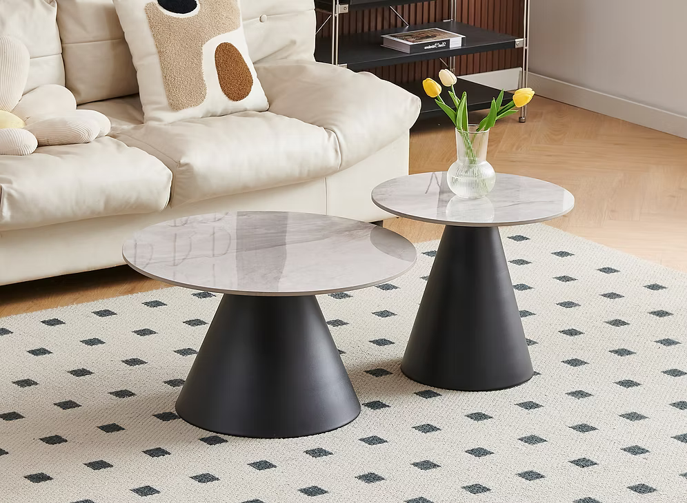 Myla modern nesting coffee table set with armani grey sintered stone marble tops and black steel pedestal bases