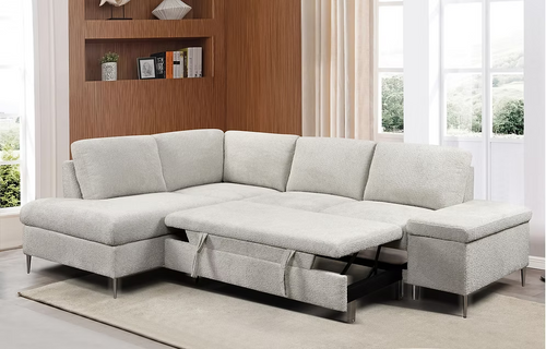 Ayla modern left-hand facing sectional sofa bed in grey bouclé textured fabric featuring an integrated pull-out bed mechanism and a lift-up storage chaise bench