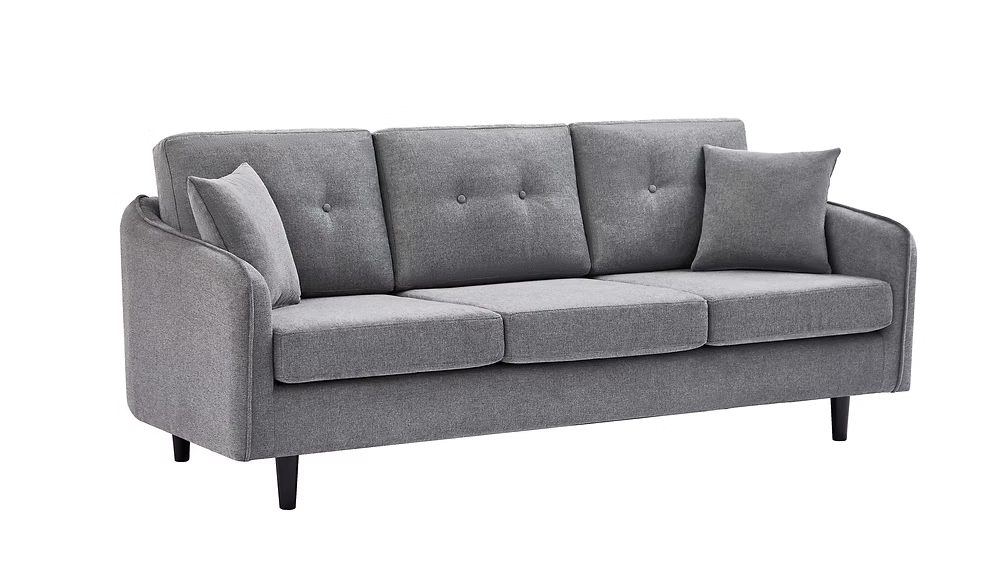 Hilda mid-century modern living room sofa set in soft grey fabric featuring tapered solid wood legs and subtle button tufted back cushions