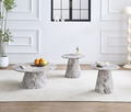 Mia modern 3-piece living room table set featuring a round coffee table and two nested end tables with grey marble look finishes and fluted cone pedestal bases