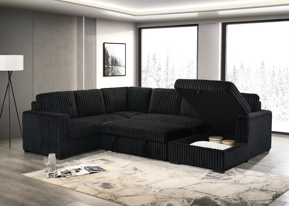 Alara modern left-hand facing sectional sofa bed in soft black fur corduroy fabric featuring a lift-up storage bench compartment