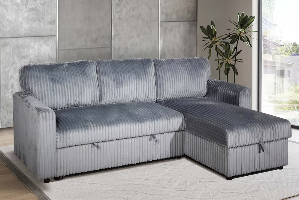 Sophie modern grey fur corduroy reversible sectional sofa bed featuring plush comfort cushions and an open lift-up storage bench compartment