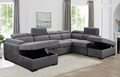 Natali modern soft grey fabric left-hand facing sectional sofa bed featuring adjustable headrests, an open bed configuration, and a lift-up storage ottoman