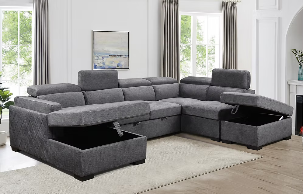 Natali modern soft grey fabric left-hand facing sectional sofa bed featuring adjustable headrests, an open bed configuration, and a lift-up storage ottoman