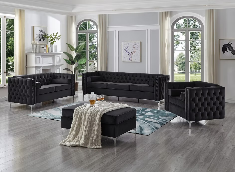 Meme contemporary living room furniture set featuring a black geometric tufted sofa, loveseat, and armchair on modern chrome legs