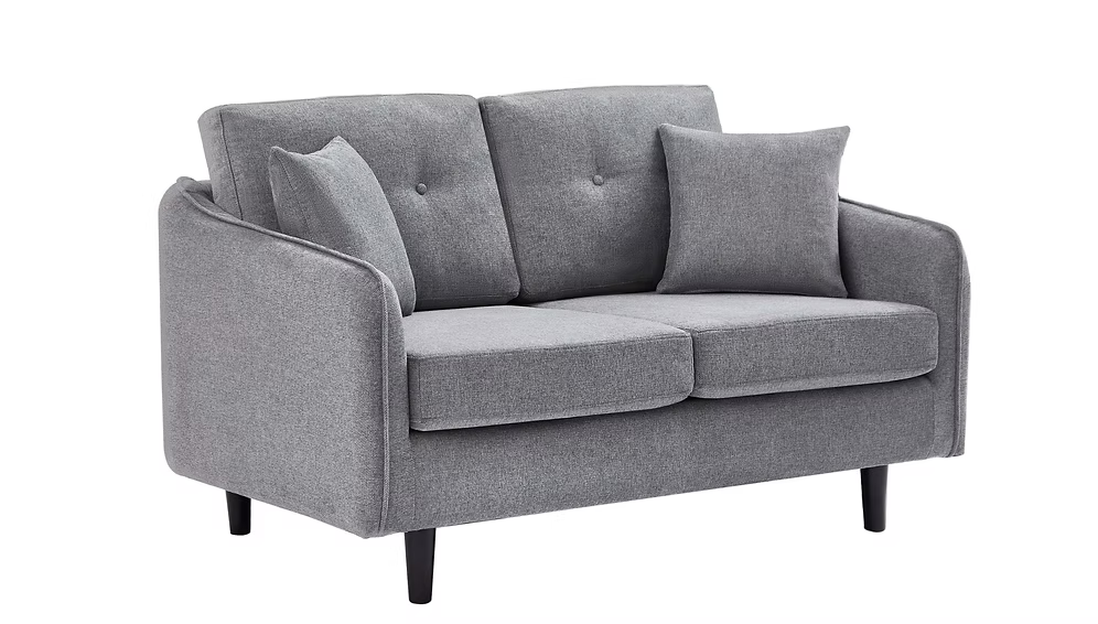 Hilda mid-century modern living room sofa set in soft grey fabric featuring tapered solid wood legs and subtle button tufted back cushions