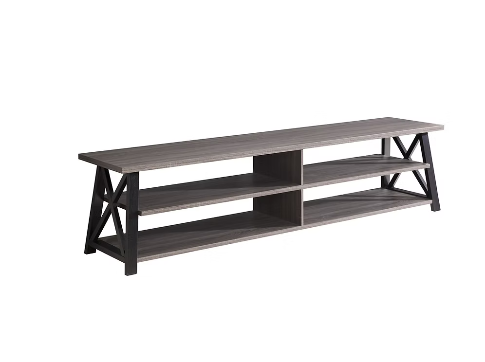 Lexa 91 inch extra large TV stand console in black and distressed grey finish with open shelving and side X-frame accents displaying a large television