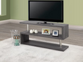 Wrenlee modern minimalist TV stand in a sleek slate grey finish featuring a multi-tiered asymmetrical open shelf layout and metallic support columns