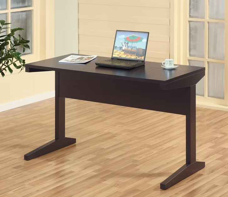 Neriah modern home office writing desk in a textured espresso finish displaying a sturdy angled leg base layout