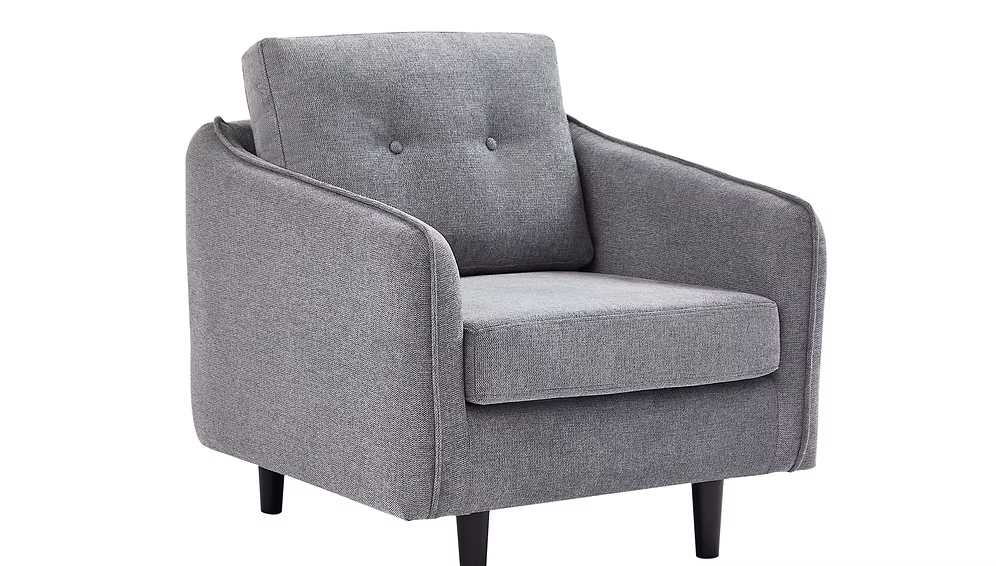 Hilda mid-century modern living room sofa set in soft grey fabric featuring tapered solid wood legs and subtle button tufted back cushions