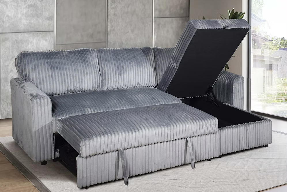 Sophie modern grey fur corduroy reversible sectional sofa bed featuring plush comfort cushions and an open lift-up storage bench compartment