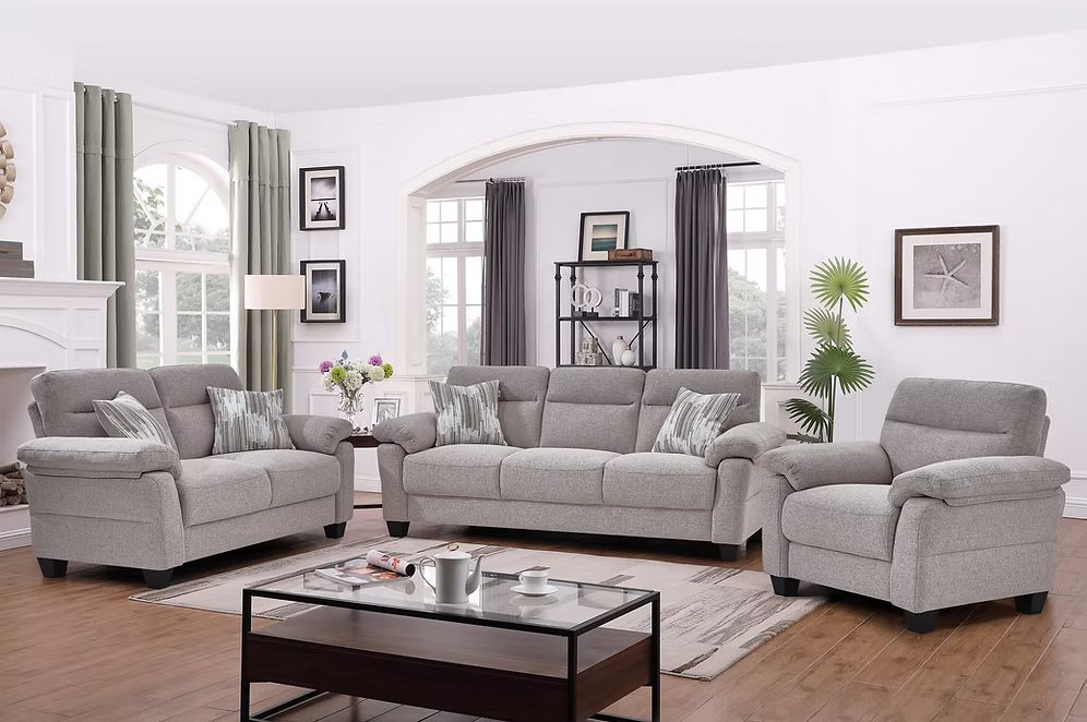 Liby multi-piece living room sofa set in soft warm greige fabric featuring plush pillow-top arms and high-density foam cushions
