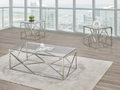 Amelia modern living room furniture set featuring a clear tempered glass coffee table and two matching end tables with geometric chrome legs