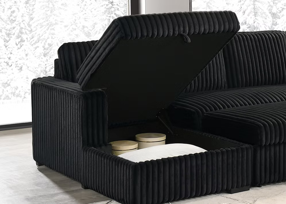 Alara modern left-hand facing sectional sofa bed in soft black fur corduroy fabric featuring a lift-up storage bench compartment