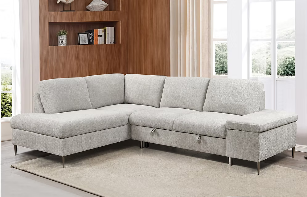 Ayla modern left-hand facing sectional sofa bed in grey bouclé textured fabric featuring an integrated pull-out bed mechanism and a lift-up storage chaise bench