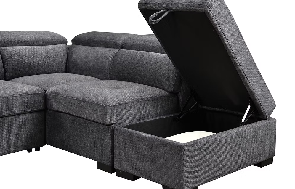 Natali modern soft grey fabric left-hand facing sectional sofa bed featuring adjustable headrests, an open bed configuration, and a lift-up storage ottoman