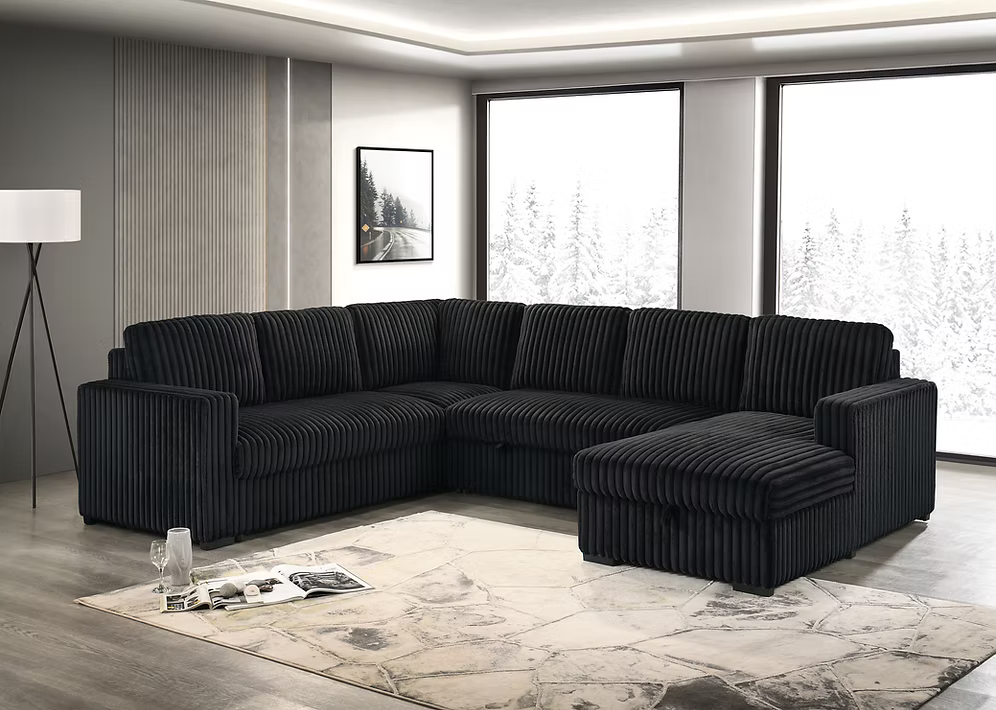 Alara modern left-hand facing sectional sofa bed in soft black fur corduroy fabric featuring a lift-up storage bench compartment