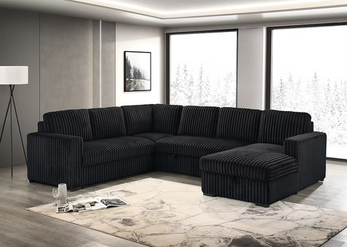 Alara modern left-hand facing sectional sofa bed in soft black fur corduroy fabric featuring a lift-up storage bench compartment