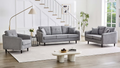 Hilda mid-century modern living room sofa set in soft grey fabric featuring tapered solid wood legs and subtle button tufted back cushions